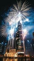 AI generated Skyscrapers and buildings are adorned with elaborate displays and shimmering lights photo