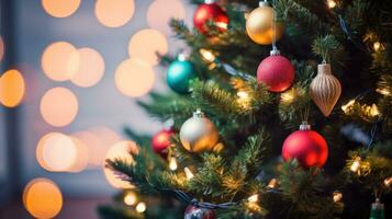 AI generated Christmas tree with colorful lights and ornaments photo
