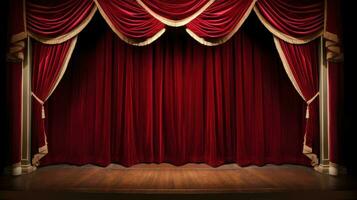 AI generated A classic theater stage with red velvet curtains and customizable copy text photo