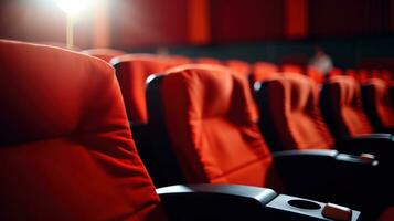 AI generated empty movie theater seats with a blank screen in the background, photo