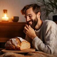 AI generated Man enjoying a slice of warm, freshly baked bread photo