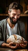 AI generated Man enjoying a slice of warm, freshly baked bread photo