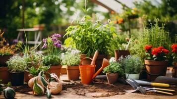 AI generated group of garden tools lying on a table surrounded by pots and plants photo