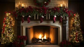 AI generated fireplace adorned with garland, twinkling lights, and stockings hung photo