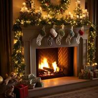 AI generated fireplace adorned with garland, twinkling lights, and stockings hung photo