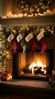 AI generated fireplace adorned with garland, twinkling lights, and stockings hung photo