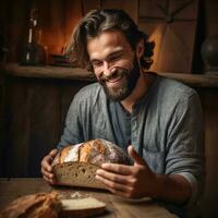 AI generated Man enjoying a slice of warm, freshly baked bread photo