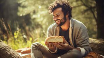 AI generated Man enjoying a slice of warm, freshly baked bread photo