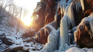 AI generated frozen waterfalls and icicles hanging from the cliffs photo