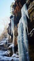 AI generated frozen waterfalls and icicles hanging from the cliffs photo