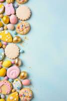 AI generated Easter-themed cookies, cupcakes, and other treats, set against a colorful background with copy space photo