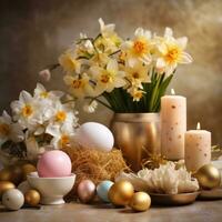 ai generado un elegante con tema de Pascua preparar presentando flores, velas, y decoraciones, foto