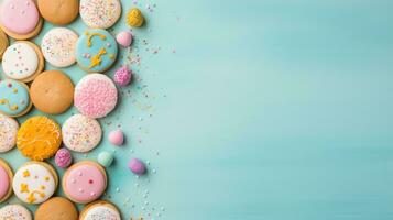 AI generated Easter-themed cookies, cupcakes, and other treats, set against a colorful background with copy space photo