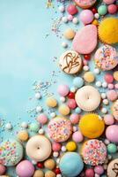 AI generated Easter-themed cookies, cupcakes, and other treats, set against a colorful background with copy space photo