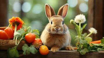 ai generado un caprichoso foto de un conejito masticando en un zanahoria, con Pascua de Resurrección huevos y primavera flores