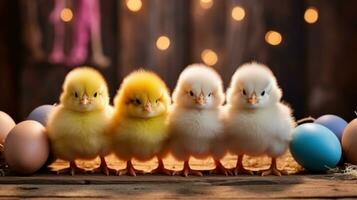 AI generated fluffy Easter chicks and colorful eggs set against a rustic background. photo