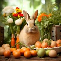 AI generated A whimsical photo of a bunny munching on a carrot, with Easter eggs and spring flowers