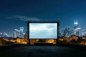 AI generated cinema screen with a cityscape in the background photo