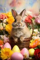 AI generated A whimsical photo of a bunny munching on a carrot, with Easter eggs and spring flowers