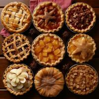 AI generated pies, including apple, pumpkin, and pecan, all with a festive Christmas twist photo