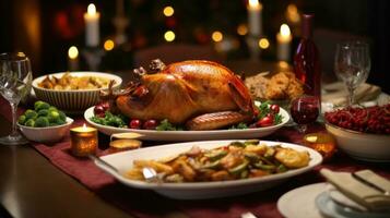 AI generated beautifully decorated dining table with a roasted turkey, cranberry sauce, and various side dishes photo