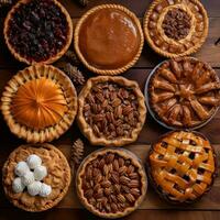 AI generated pies, including apple, pumpkin, and pecan, all with a festive Christmas twist photo