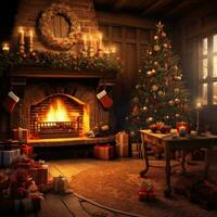 AI generated decorated Christmas tree, presents, and a roaring fire in the fireplace photo