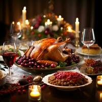 AI generated beautifully decorated dining table with a roasted turkey, cranberry sauce, and various side dishes photo