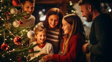 AI generated happy family gathered around a beautifully decorated Christmas tree photo