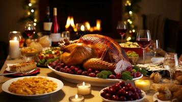 AI generated beautifully decorated dining table with a roasted turkey, cranberry sauce, and various side dishes photo