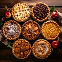 AI generated pies, including apple, pumpkin, and pecan, all with a festive Christmas twist photo