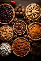 AI generated pies, including apple, pumpkin, and pecan, all with a festive Christmas twist photo