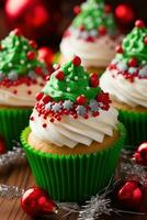AI generated beautifully decorated cupcakes with festive red and green icing and edible Christmas decorations photo