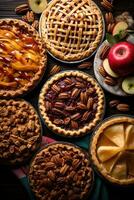 AI generated pies, including apple, pumpkin, and pecan, all with a festive Christmas twist photo