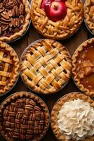 AI generated pies, including apple, pumpkin, and pecan, all with a festive Christmas twist photo