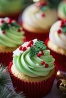 AI generated beautifully decorated cupcakes with festive red and green icing and edible Christmas decorations photo