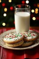 AI generated glass of milk and a plate of freshly baked Christmas cookies, complete with sprinkles and frosting. photo