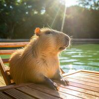 AI generated A relaxing photo of a capybara basking in the sun, enjoying a lazy afternoon