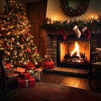 ai generado decorado Navidad árbol, regalos, y un rugido fuego en el hogar foto