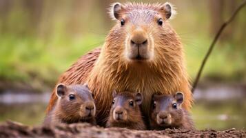 ai generado un adorable foto de un madre carpincho con su bebés, el amoroso enlace Entre estos animales