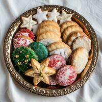 AI generated delicious Christmas cookies on a festive platter, great for a food blog or recipe website photo