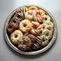 AI generated delicious Christmas cookies on a festive platter, great for a food blog or recipe website photo