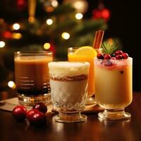 AI generated festive cocktails, including eggnog, mulled wine, and hot toddies for keeping warm on winters night. photo