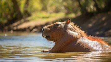 AI generated A relaxing photo of a capybara basking in the sun, enjoying a lazy afternoon