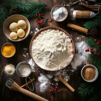AI generated baking supplies, flour, sugar, cookie cutters, and a rolling pin, for the Christmas baking spirit. photo