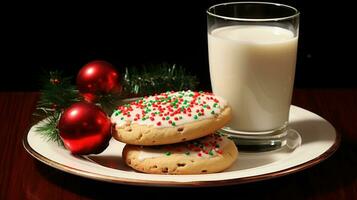 AI generated glass of milk and a plate of freshly baked Christmas cookies, complete with sprinkles and frosting. photo