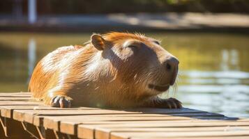 AI generated A relaxing photo of a capybara basking in the sun, enjoying a lazy afternoon