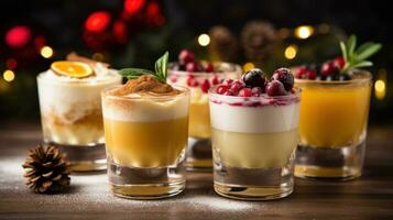 AI generated festive cocktails, including eggnog, mulled wine, and hot toddies for keeping warm on winters night. photo