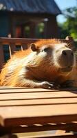 AI generated A relaxing photo of a capybara basking in the sun, enjoying a lazy afternoon