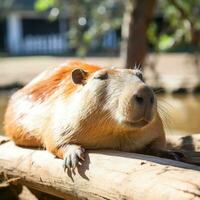 AI generated A relaxing photo of a capybara basking in the sun, enjoying a lazy afternoon